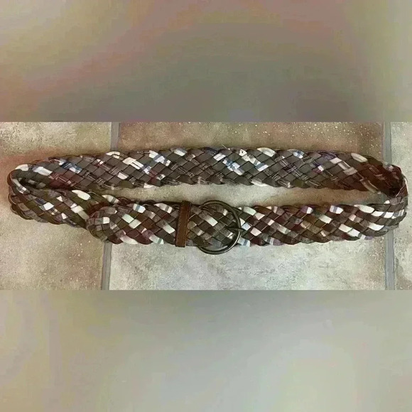 Cottagecore woven brown vegan leather plaid braided festival boho belt; 45” long - Picture 2 of 5